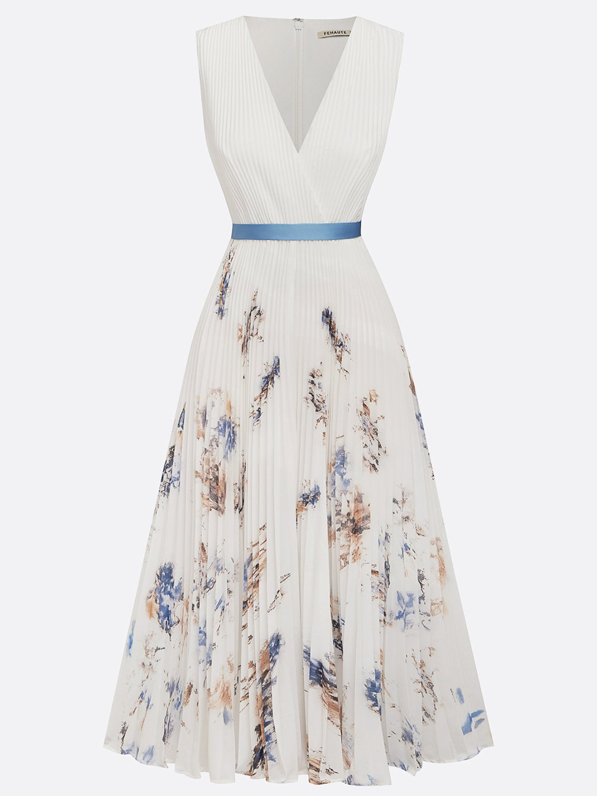Women's Pleated Midi Ceremony Dress with Blue and White Floral Print – Jessie a