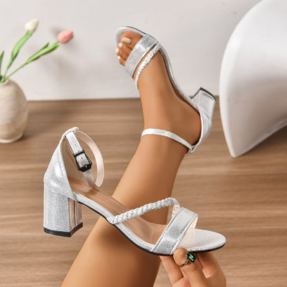 Mid Heel Chunky Heel Silver Open Toe Buckle High Heel Sandals