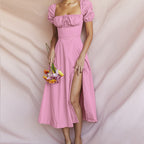 Puff Sleeve Lace-Up Midi Dress