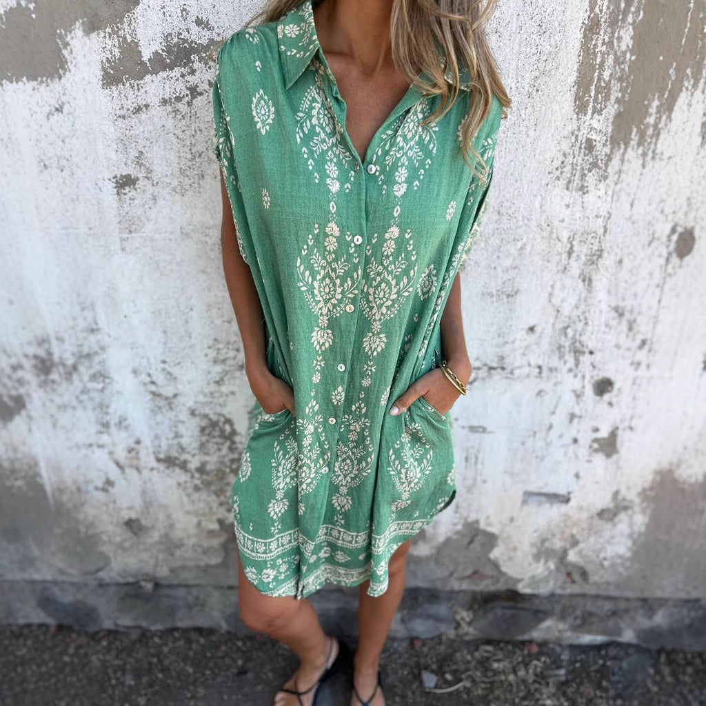 Ethnic Print Sleeveless Shirt Dress
