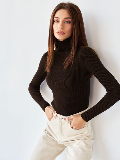 Ribbed Turtleneck Knit Sweater