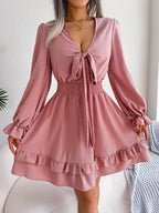 Solid Color V-Neck Lace-Up Dress