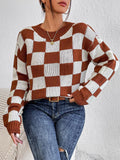 Checkerboard Color-Block Loose Knit Sweater