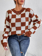 Checkerboard Color-Block Loose Knit Sweater