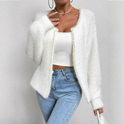 Elegant Pearl-Trim V-Neck Knit Cardigan