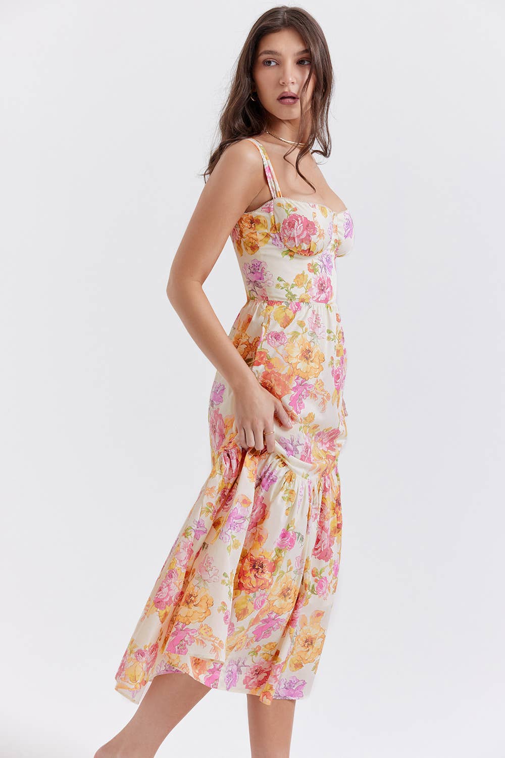 One-Shoulder Floral Lace Pleated Midi Dress