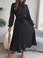 Women’s Long-Sleeve Pleated Midi Dress With Belted Waist