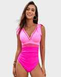 Women’s Ruched One Piece Swimsuit – Deep V Neck Ruffle Sleeves | Dripiume