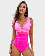 Women’s Ruched One Piece Swimsuit – Deep V Neck Ruffle Sleeves | Dripiume