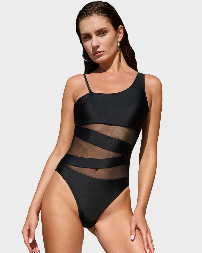Women’s One-Shoulder Mesh One-Piece Swimsuit