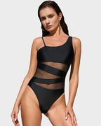 Women’s One-Shoulder Mesh One-Piece Swimsuit