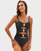 Cut-Out Ruched One-Piece Swimsuit with Gold Bead Accents