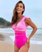 Women’s Ruched One Piece Swimsuit – Deep V Neck Ruffle Sleeves | Dripiume