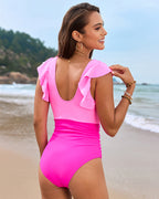 Women’s Ruched One Piece Swimsuit – Deep V Neck Ruffle Sleeves | Dripiume