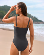 Cut-Out Ruched One-Piece Swimsuit with Gold Bead Accents