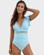 Women’s Ruched One Piece Swimsuit – Deep V Neck Ruffle Sleeves | Dripiume