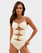 Cut-Out Ruched One-Piece Swimsuit with Gold Bead Accents