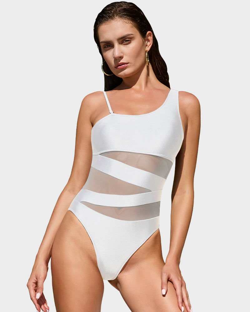 Women’s One-Shoulder Mesh One-Piece Swimsuit