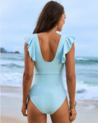 Women’s Ruched One Piece Swimsuit – Deep V Neck Ruffle Sleeves | Dripiume