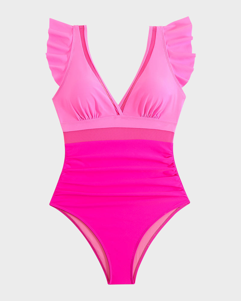 Women’s Ruched One Piece Swimsuit – Deep V Neck Ruffle Sleeves | Dripiume