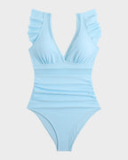 Women’s Ruched One Piece Swimsuit – Deep V Neck Ruffle Sleeves | Dripiume