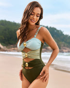 Cut-Out Ruched One-Piece Swimsuit with Gold Bead Accents