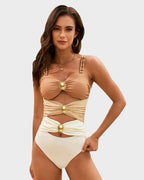Cut-Out Ruched One-Piece Swimsuit with Gold Bead Accents