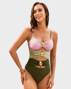 Cut-Out Ruched One-Piece Swimsuit with Gold Bead Accents