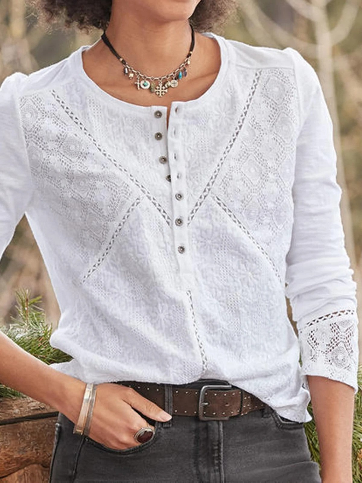 Women's Elegant Lace Crew Neck Long Sleeve Casual Versatile Everyday Shirt Top