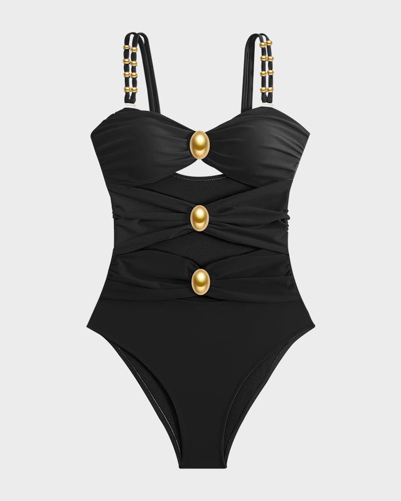 Cut-Out Ruched One-Piece Swimsuit with Gold Bead Accents