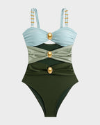 Cut-Out Ruched One-Piece Swimsuit with Gold Bead Accents