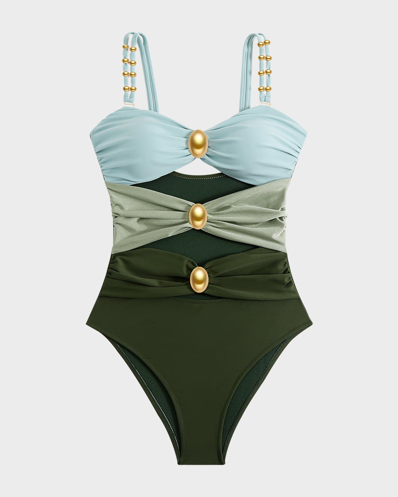 Cut-Out Ruched One-Piece Swimsuit with Gold Bead Accents