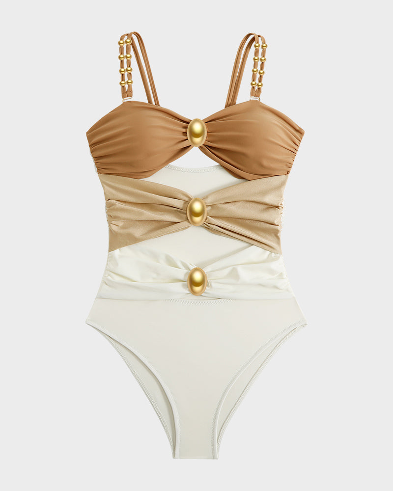 Cut-Out Ruched One-Piece Swimsuit with Gold Bead Accents