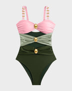 Cut-Out Ruched One-Piece Swimsuit with Gold Bead Accents
