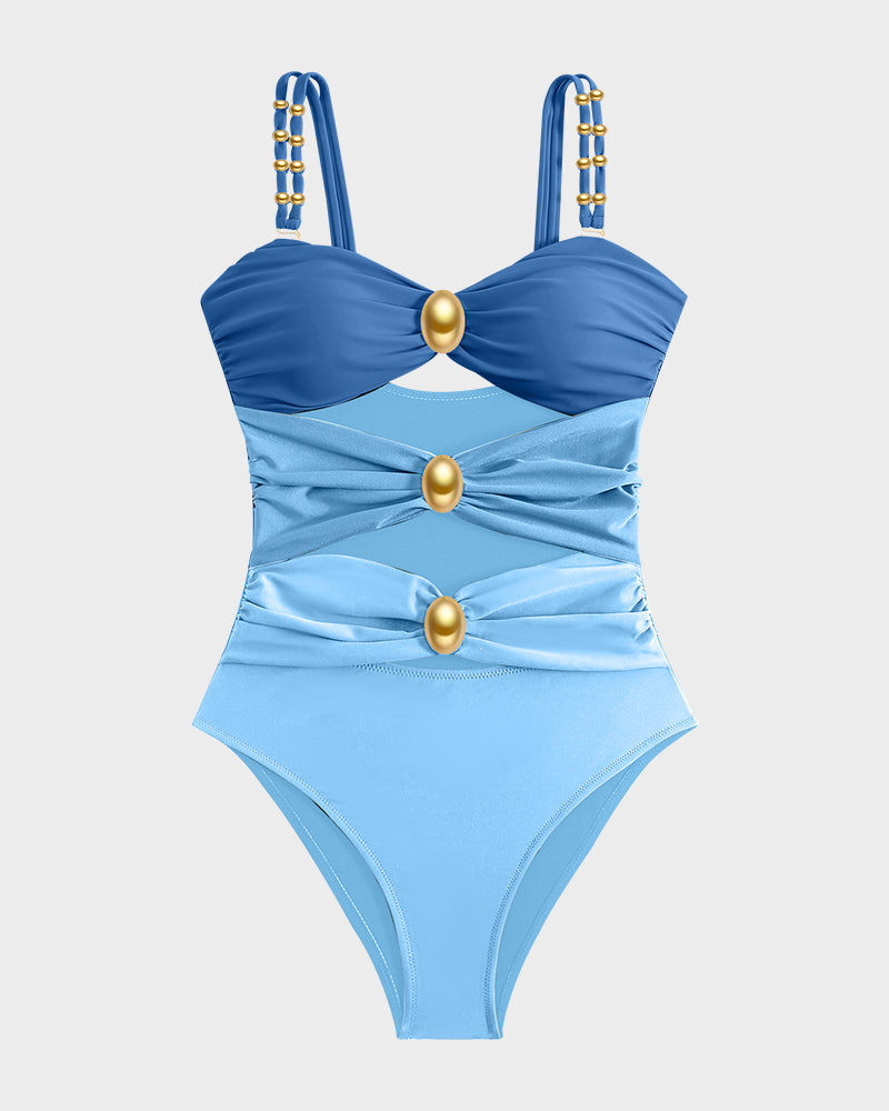 Cut-Out Ruched One-Piece Swimsuit with Gold Bead Accents
