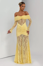 Off-the-Shoulder Lace Long Dress with Draped Hips & Elegant Fit – Pauline