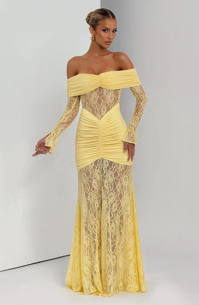 Off-the-Shoulder Lace Long Dress with Draped Hips & Elegant Fit – Pauline