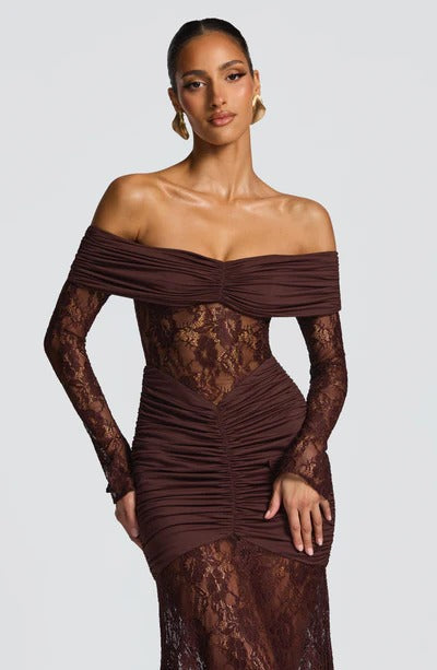 Off-the-Shoulder Lace Long Dress with Draped Hips & Elegant Fit – Pauline