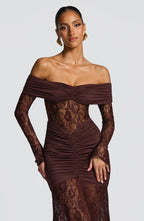 Off-the-Shoulder Lace Long Dress with Draped Hips & Elegant Fit – Pauline