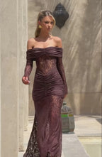 Off-the-Shoulder Lace Long Dress with Draped Hips & Elegant Fit – Pauline