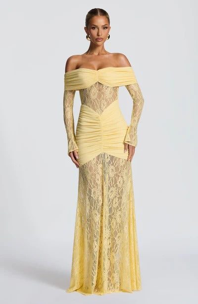 Off-the-Shoulder Lace Long Dress with Draped Hips & Elegant Fit – Pauline
