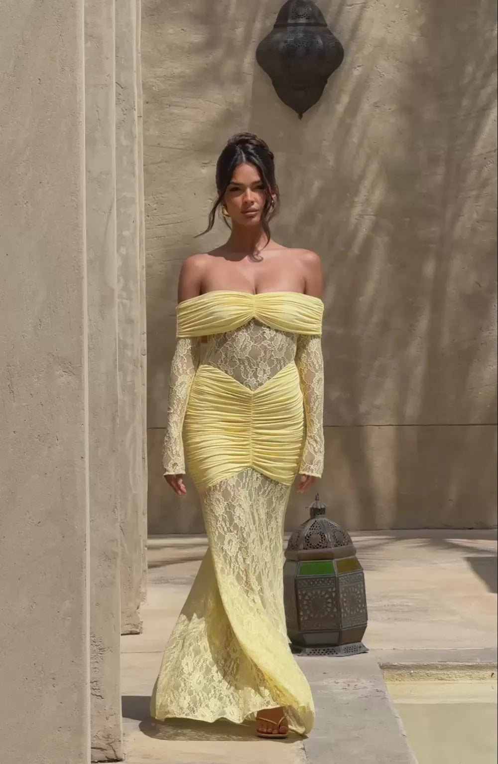 Off-the-Shoulder Lace Long Dress with Draped Hips & Elegant Fit – Pauline