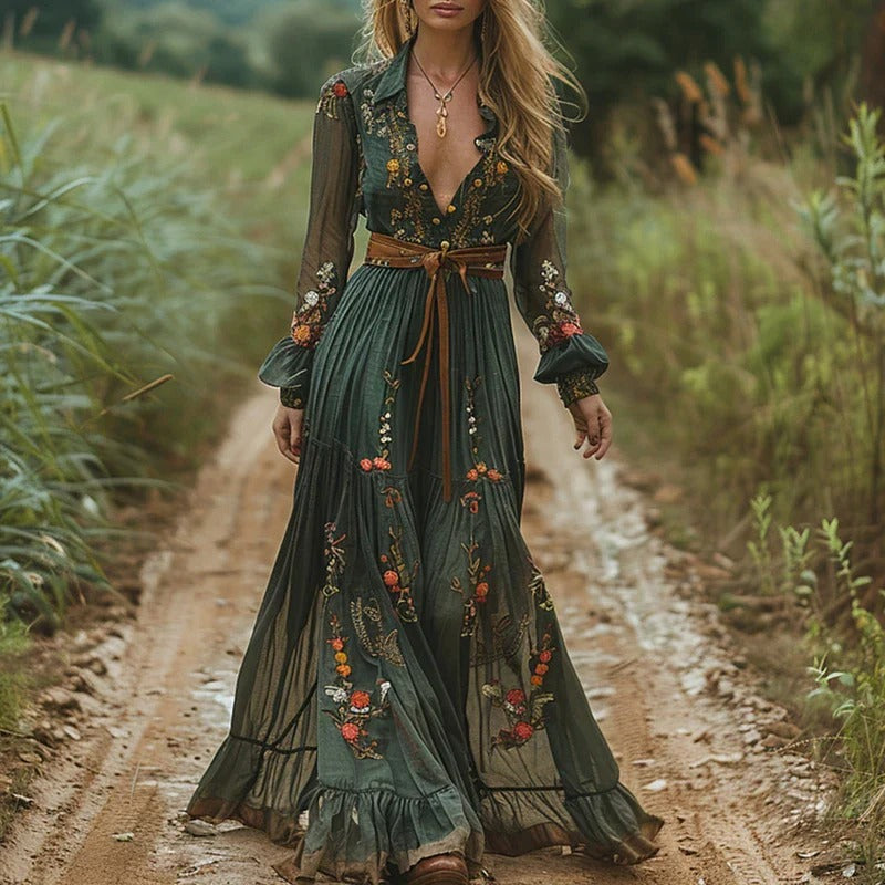 Women's Bohemian Floral Embroidered Flowing Long Dress Casual Elegant Long Sleeve