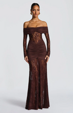 Off-the-Shoulder Lace Long Dress with Draped Hips & Elegant Fit – Pauline