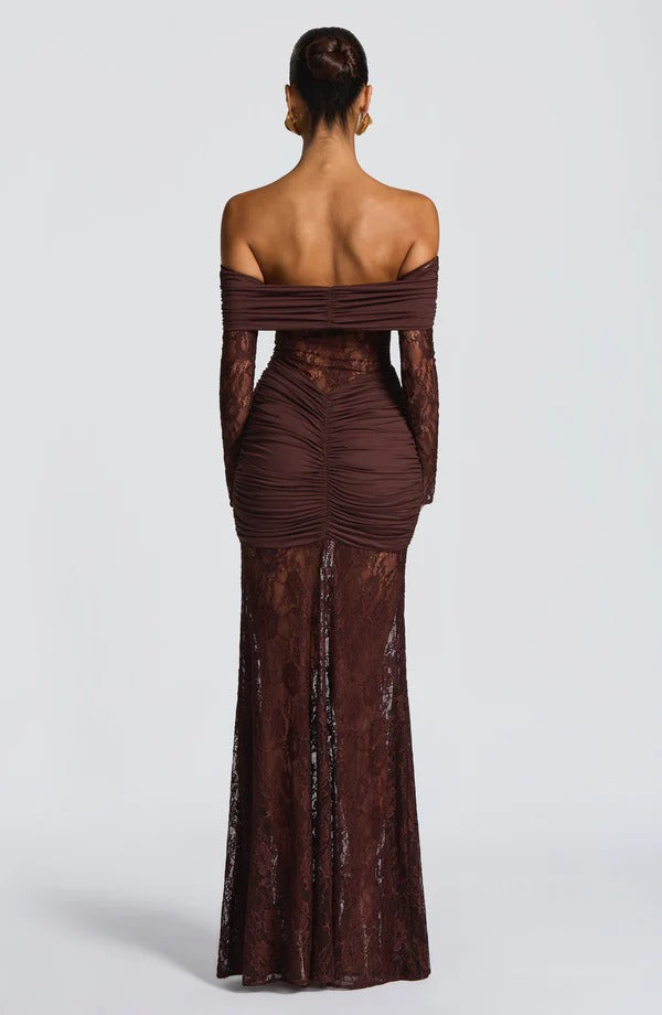 Off-the-Shoulder Lace Long Dress with Draped Hips & Elegant Fit – Pauline