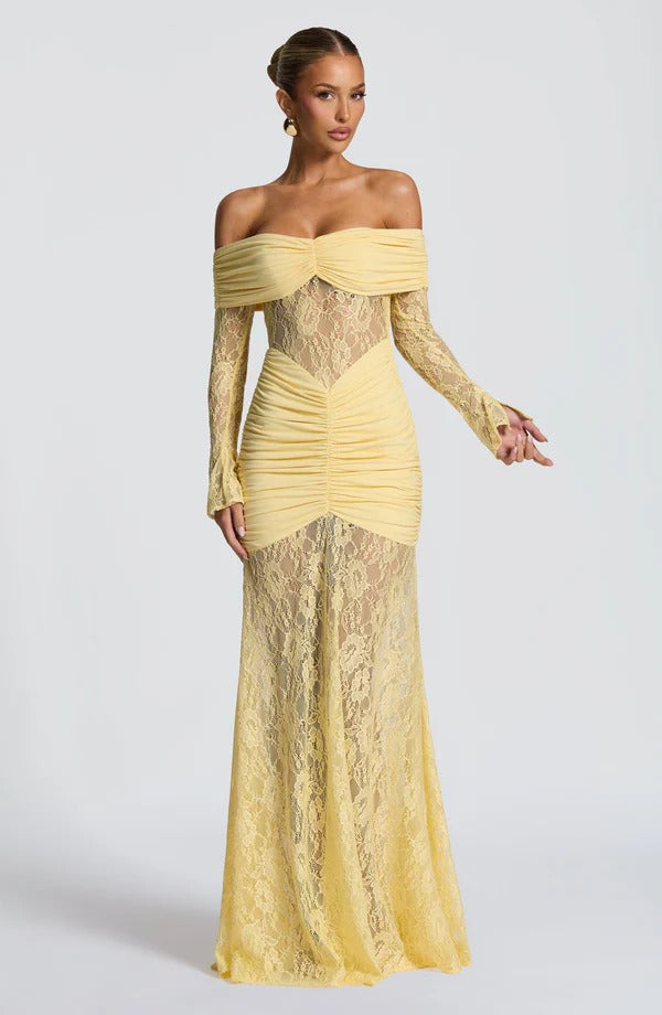 Off-the-Shoulder Lace Long Dress with Draped Hips & Elegant Fit – Pauline