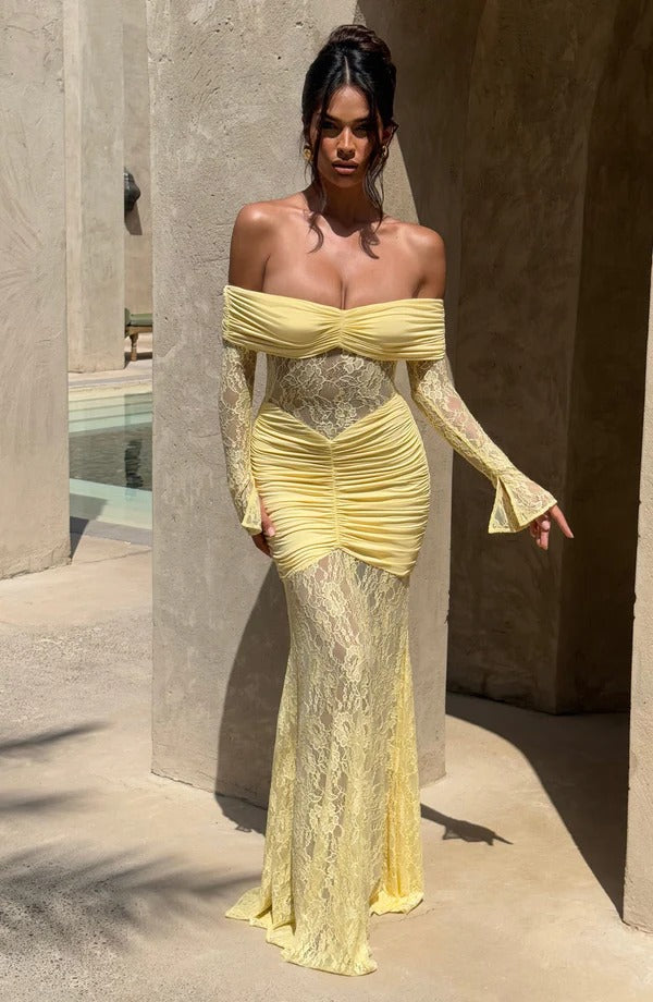 Off-the-Shoulder Lace Long Dress with Draped Hips & Elegant Fit – Pauline