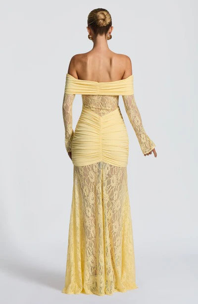 Off-the-Shoulder Lace Long Dress with Draped Hips & Elegant Fit – Pauline
