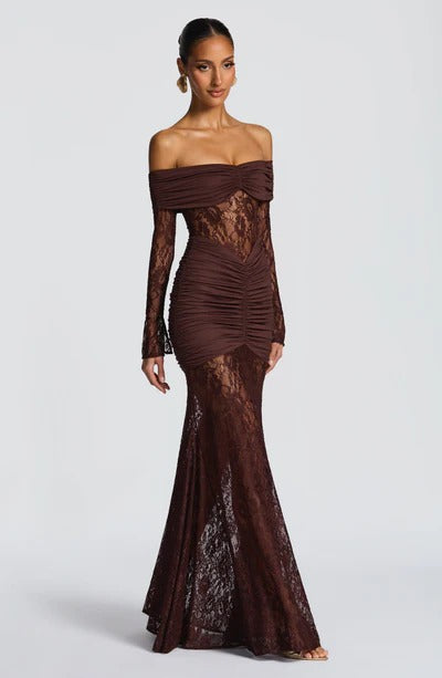 Off-the-Shoulder Lace Long Dress with Draped Hips & Elegant Fit – Pauline