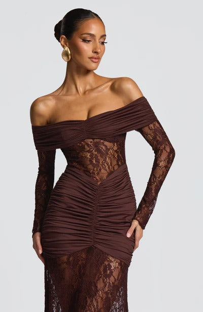 Off-the-Shoulder Lace Long Dress with Draped Hips & Elegant Fit – Pauline